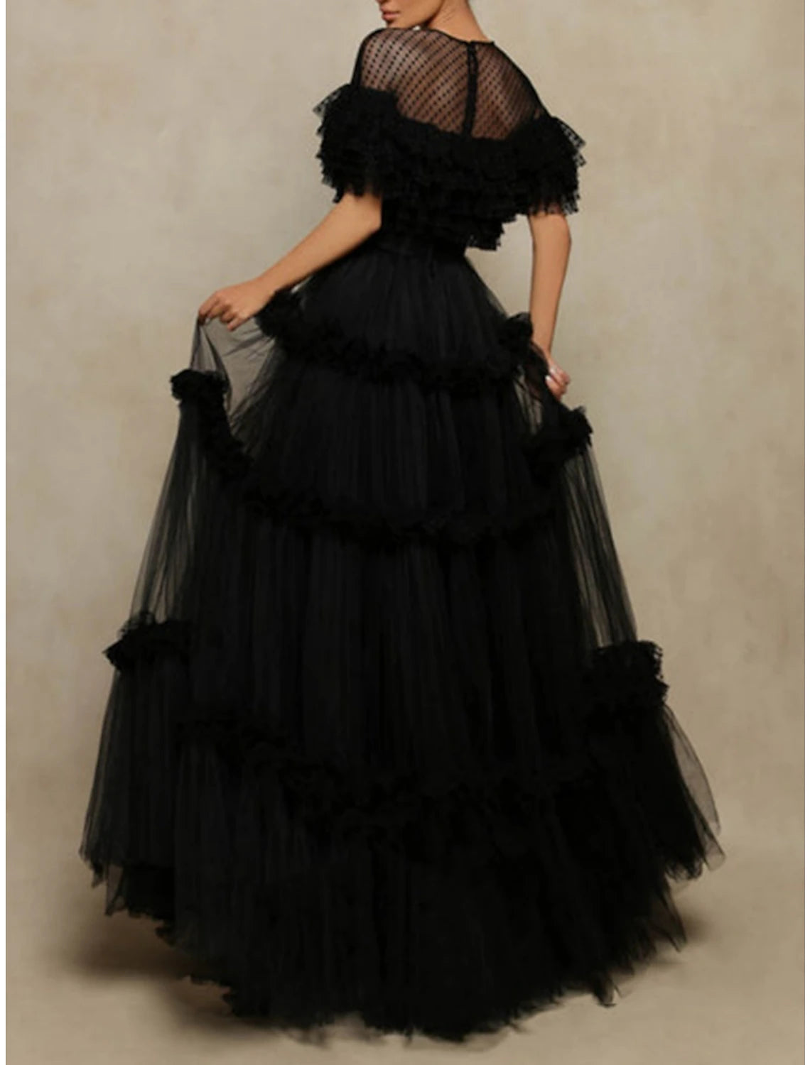 Vestidos de fiesta de corte A, elegantes, formales, largos hasta el suelo, manga corta, cuello joya, tul con pliegues y volantes